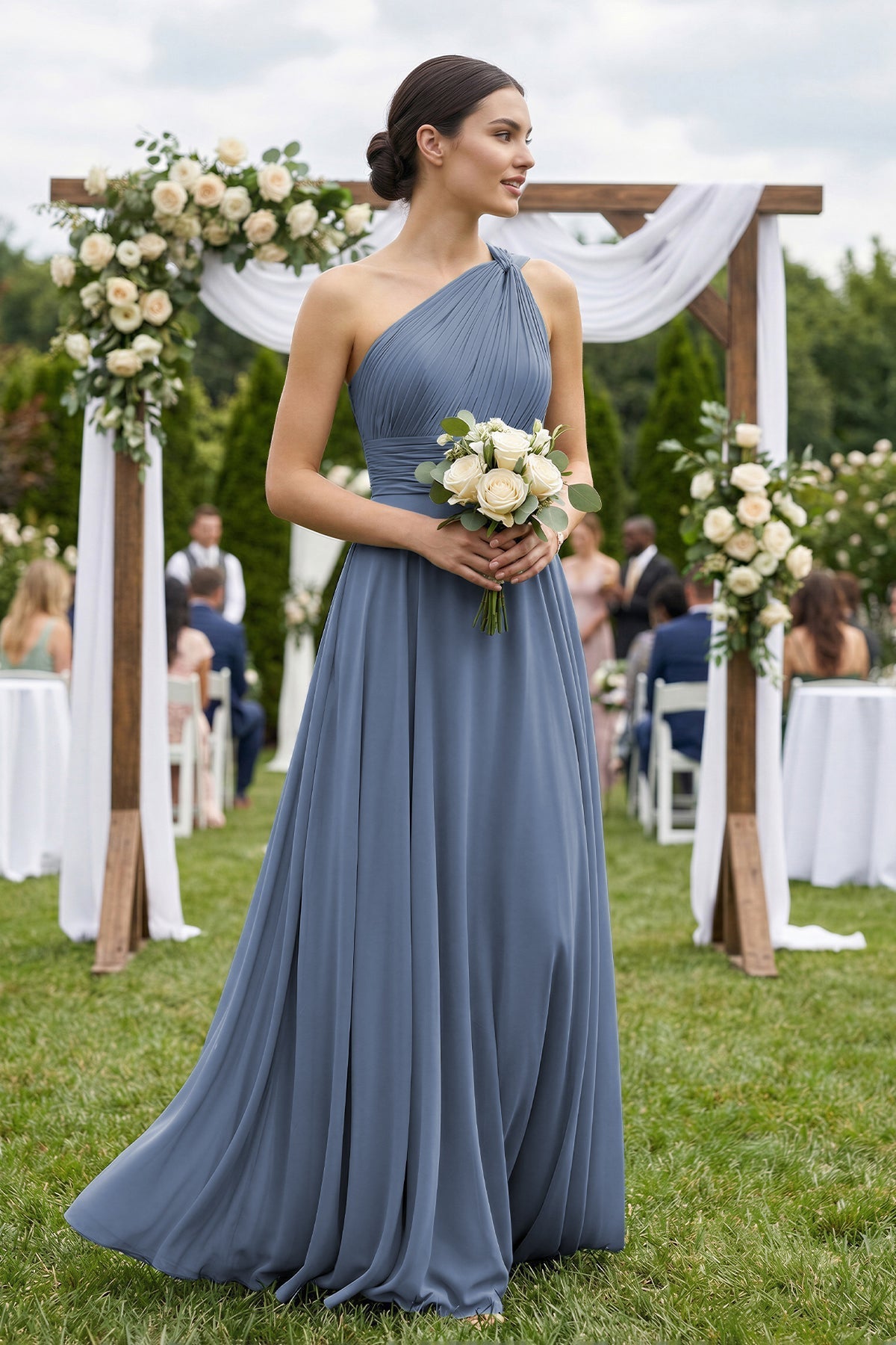 Robe demoiselle d’honneur neptune longue asymétrique sans manches plissée - Harana