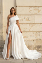 Robe de mariée blanche trapèze en satin sans manches avec nœud - Harana