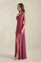 Robe demoiselle d’honneur desert rose longue asymétrique avec fente froncée - Harana