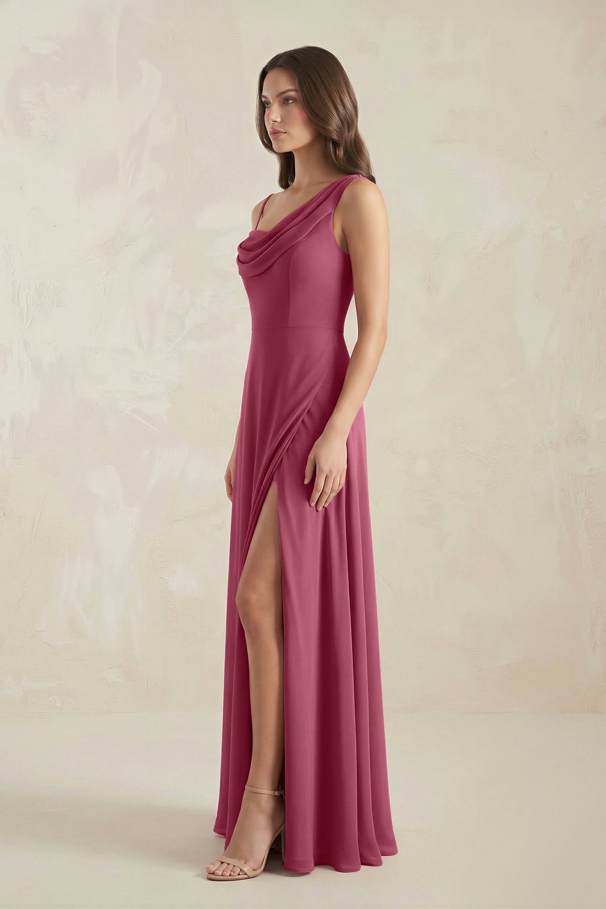 Robe demoiselle d’honneur desert rose longue asymétrique avec fente froncée - Harana