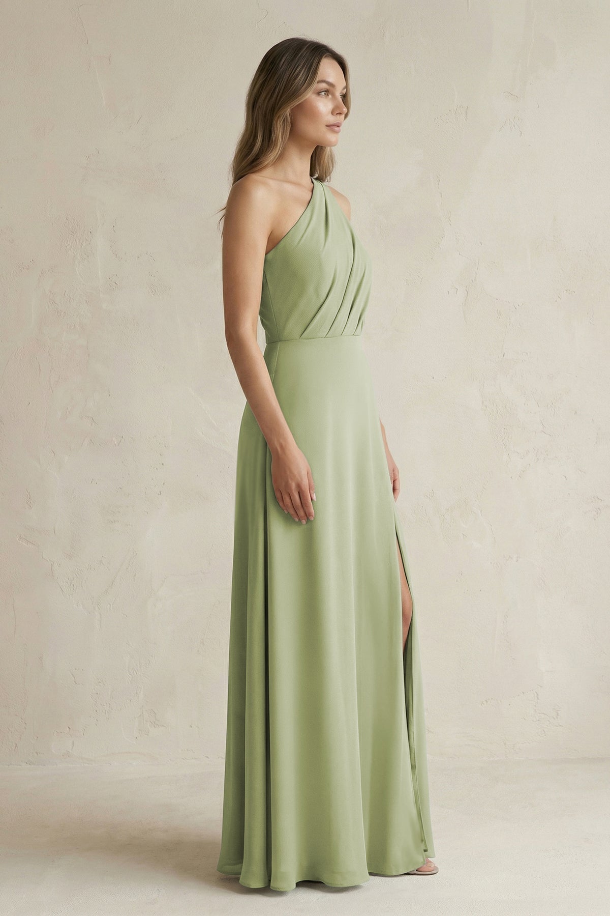 Robe demoiselle d’honneur moss green longue asymétrique sans manches avec fente - Harana