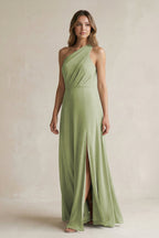 Robe demoiselle d’honneur moss green longue asymétrique sans manches avec fente - Harana