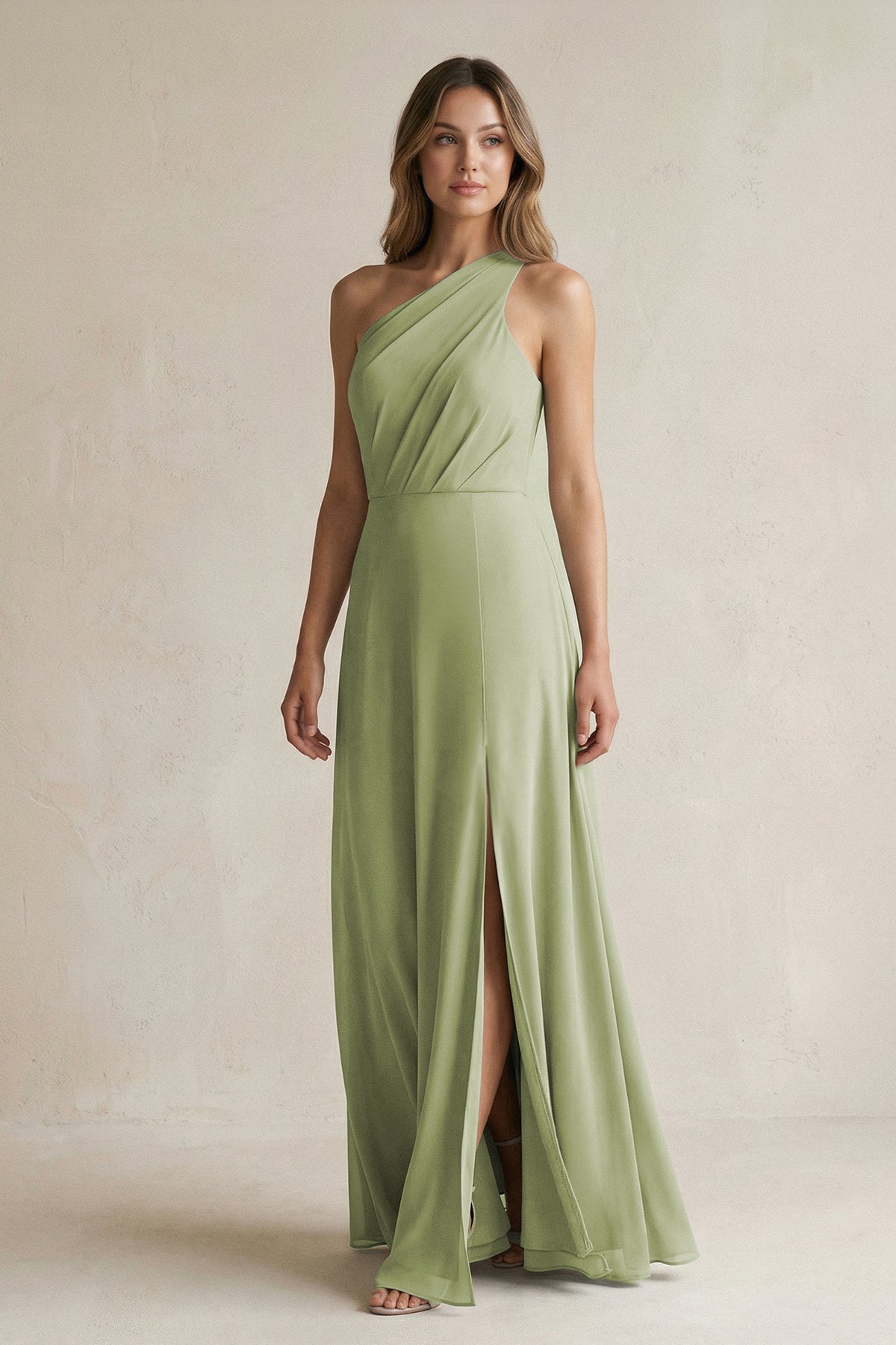 Robe demoiselle d’honneur moss green longue asymétrique sans manches avec fente - Harana