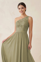 Robe demoiselle d’honneur vert sauge longue asymétrique sans manches à dentelle - Harana
