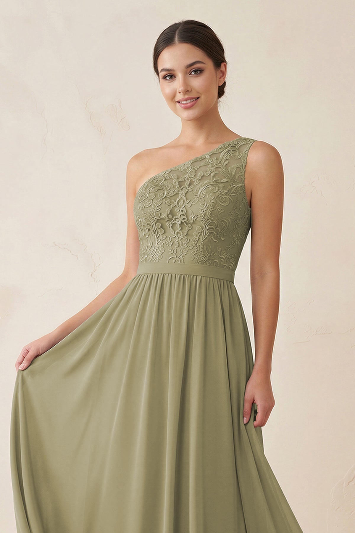 Robe demoiselle d’honneur vert sauge longue asymétrique sans manches à dentelle - Harana