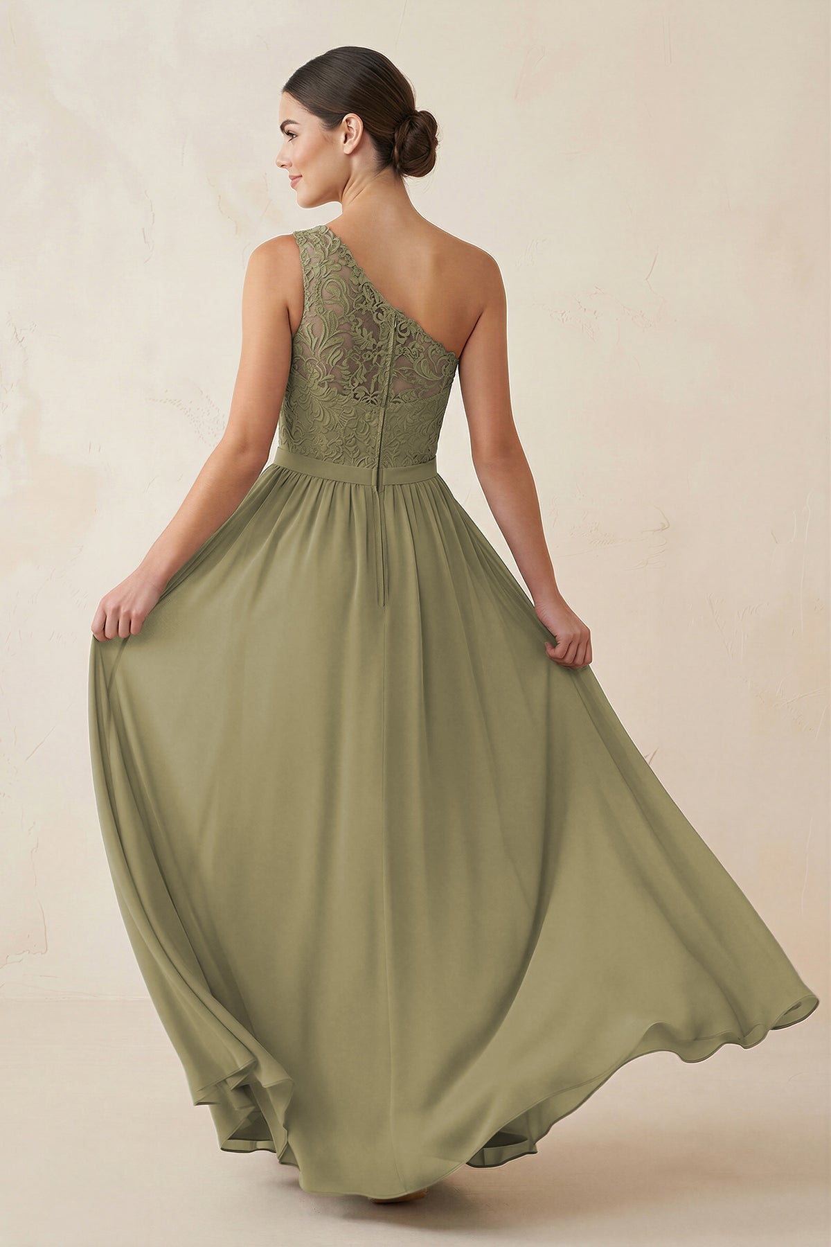 Robe demoiselle d’honneur vert sauge longue asymétrique sans manches à dentelle - Harana