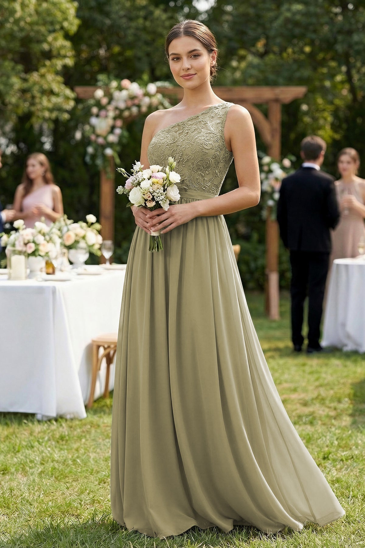 Robe demoiselle d’honneur vert sauge longue asymétrique sans manches à dentelle - Harana