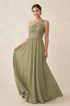 Robe demoiselle d’honneur vert sauge longue asymétrique sans manches à dentelle - Harana