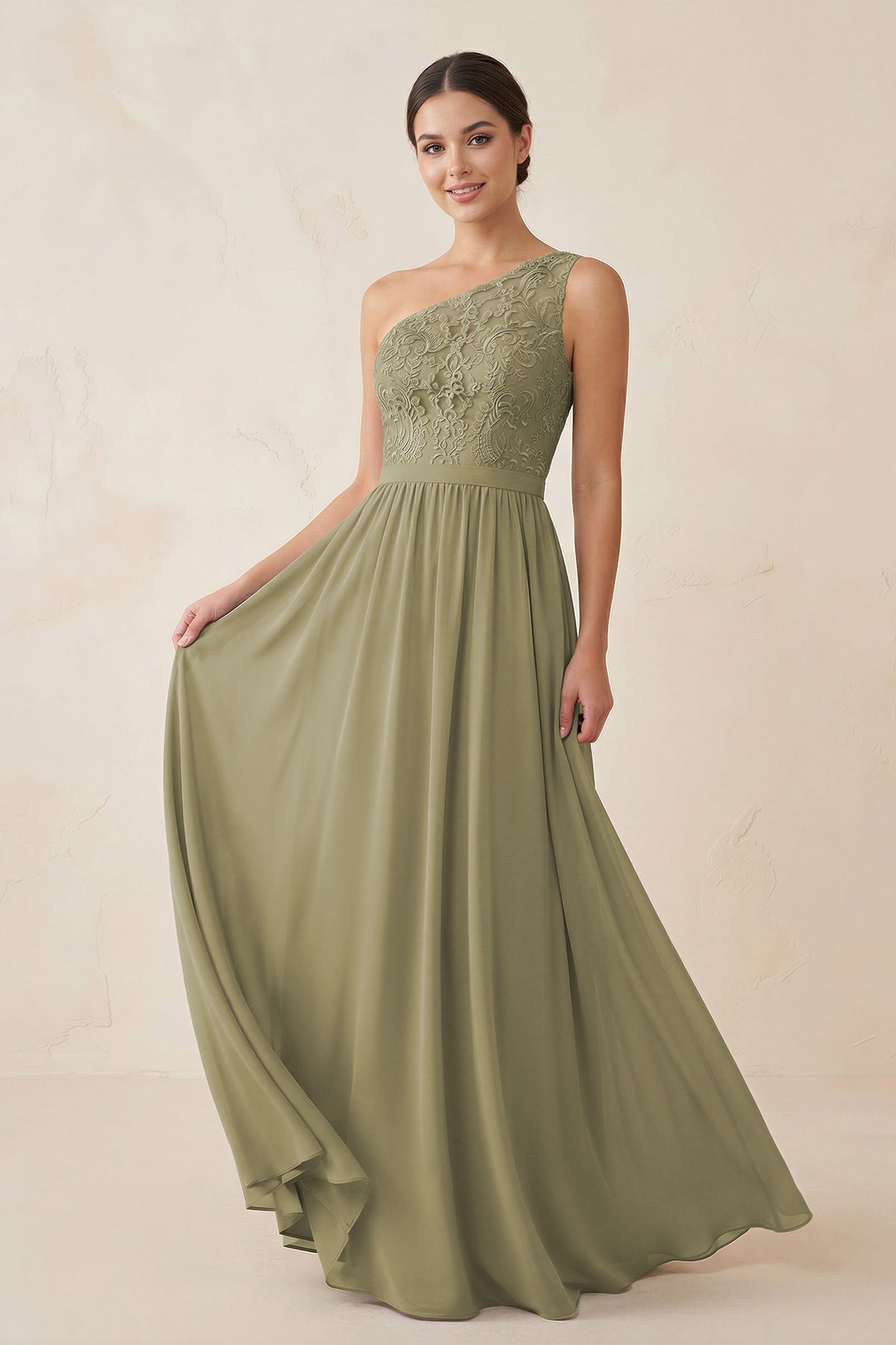 Robe demoiselle d’honneur vert sauge longue asymétrique sans manches à dentelle - Harana