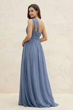 Robe demoiselle d’honneur neptune longue asymétrique sans manches plissée - Harana