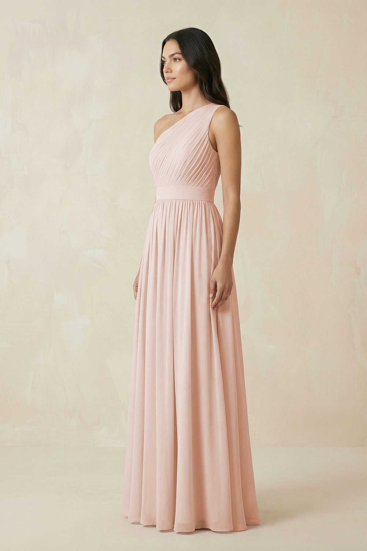 Robe demoiselle d’honneur pale blush longue asymétrique sans manches plissée - Harana