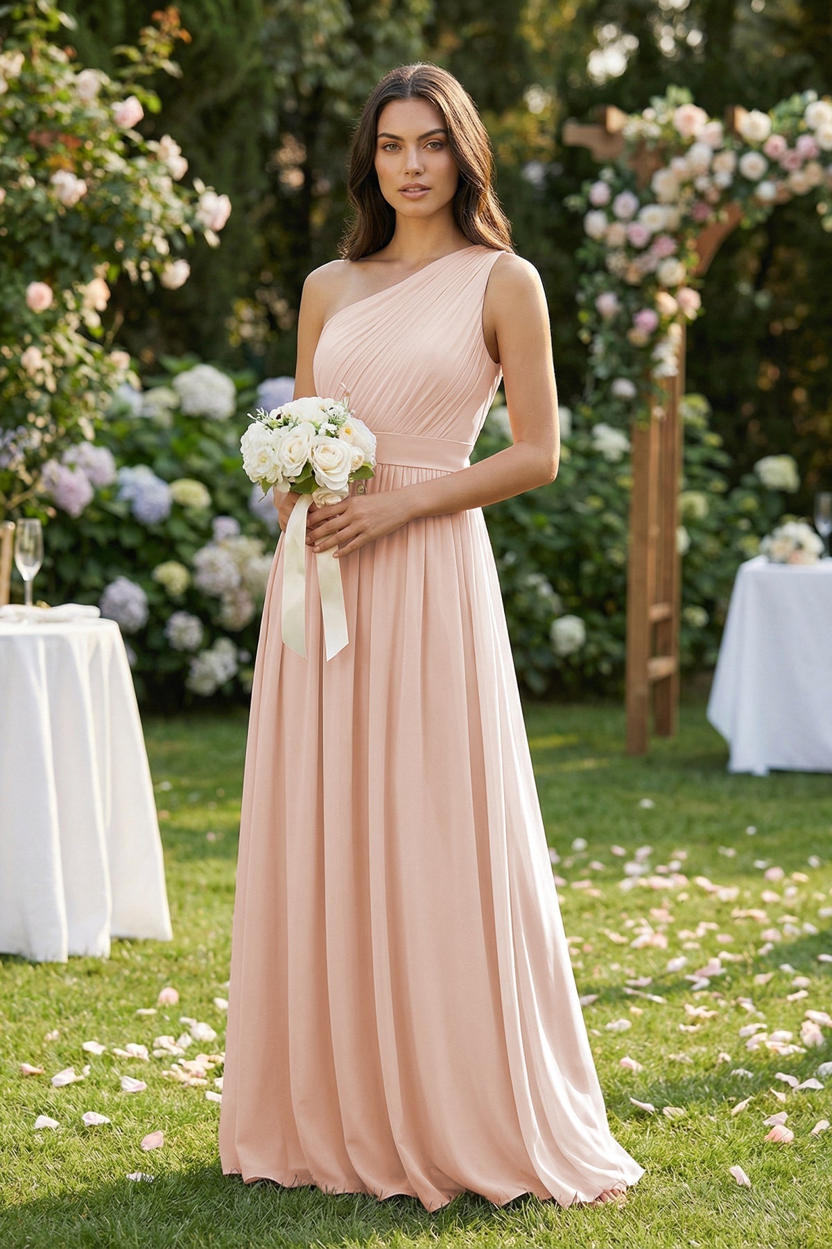 Robe demoiselle d’honneur pale blush longue asymétrique sans manches plissée - Harana