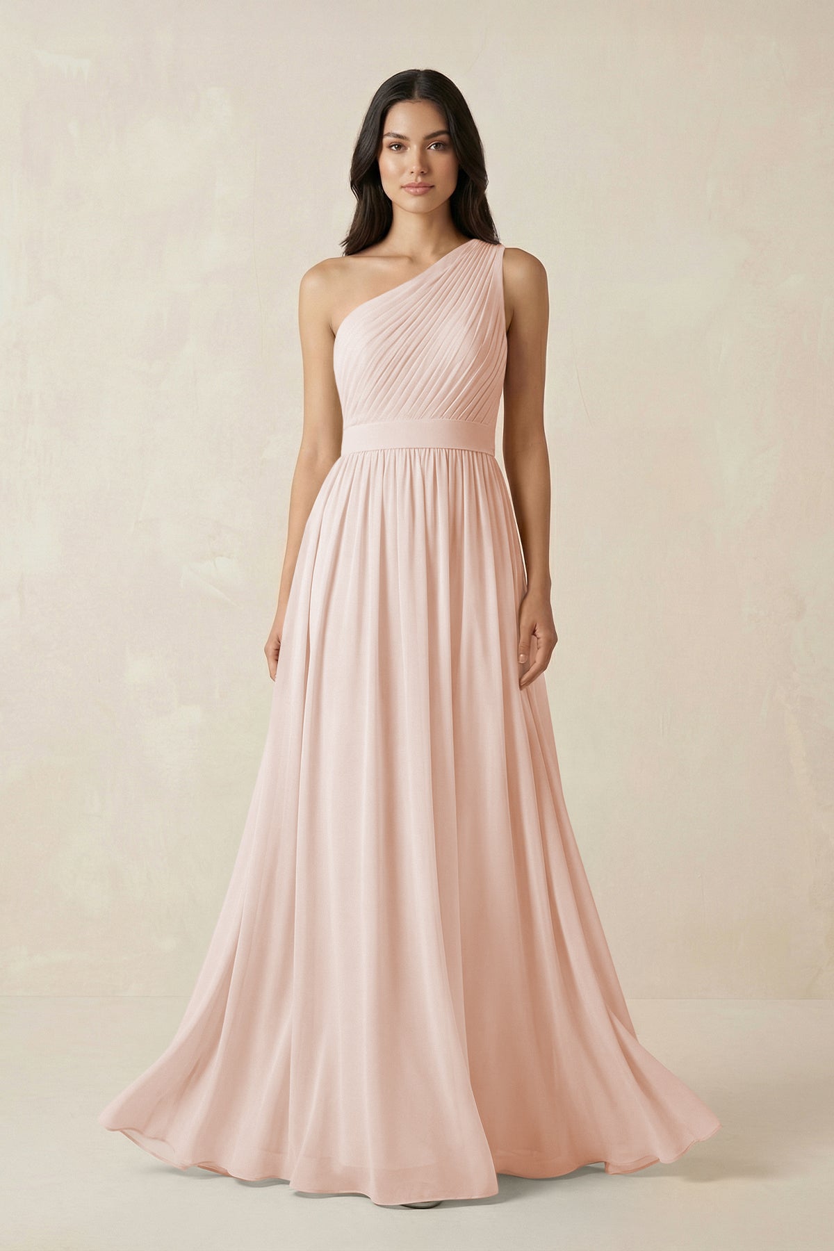 Robe demoiselle d’honneur pale blush longue asymétrique sans manches plissée - Harana