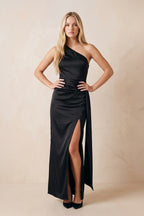 Robe noire longue coupe fourreau à une épaule avec fente - Harana