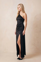Robe noire longue coupe fourreau à une épaule avec fente - Harana