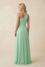 Robe demoiselle d’honneur pale pistachio longue asymétrique sans manches froncée - Harana