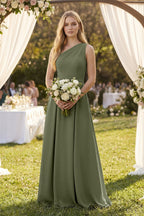 Robe demoiselle d’honneur willow green longue asymétrique sans manches froncée - Harana