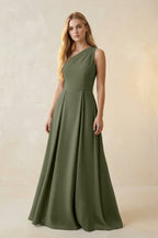 Robe demoiselle d’honneur willow green longue asymétrique sans manches froncée - Harana
