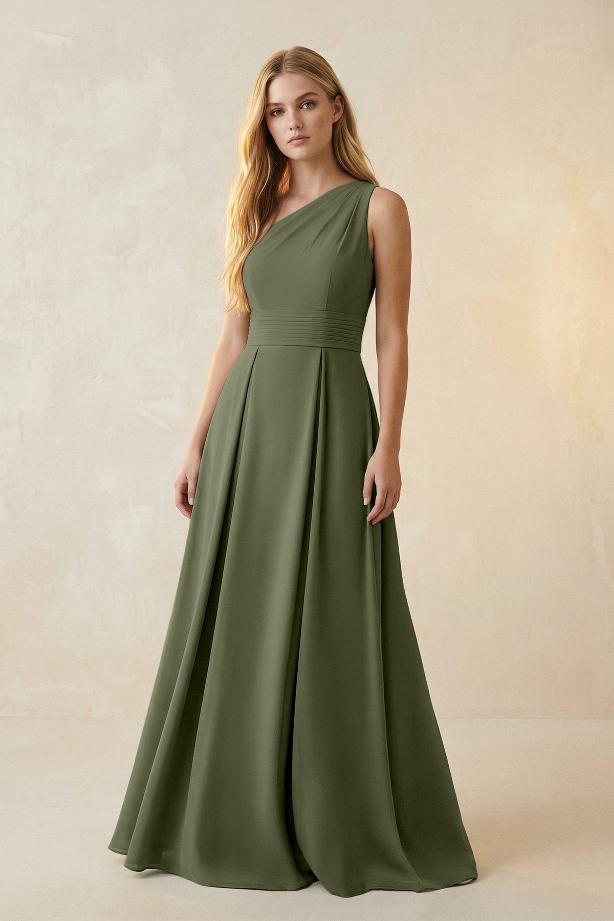 Robe demoiselle d’honneur willow green longue asymétrique sans manches froncée - Harana