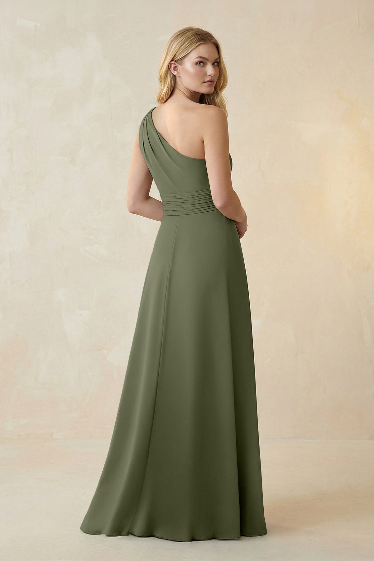 Robe demoiselle d’honneur willow green longue asymétrique sans manches froncée - Harana