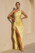 Robe longue jaune avec fente effet drapé - Harana