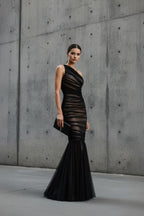Robe longue noir coupe sirène effet drapé - Harana