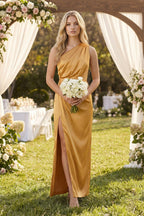 Robe demoiselle d’honneur marigold longue asymétrique sans manches froncée - Harana