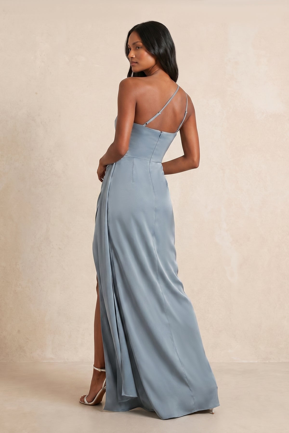 Robe bleu grisé longue satinée coupe fourreau à une épaule - Harana