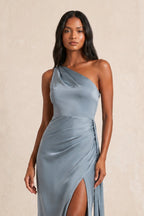Robe bleu grisé longue satinée coupe fourreau à une épaule - Harana