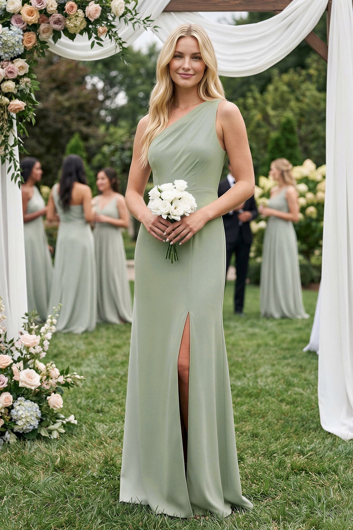 Robe demoiselle d’honneur dove gray longue asymétrique sans manches avec fente - Harana