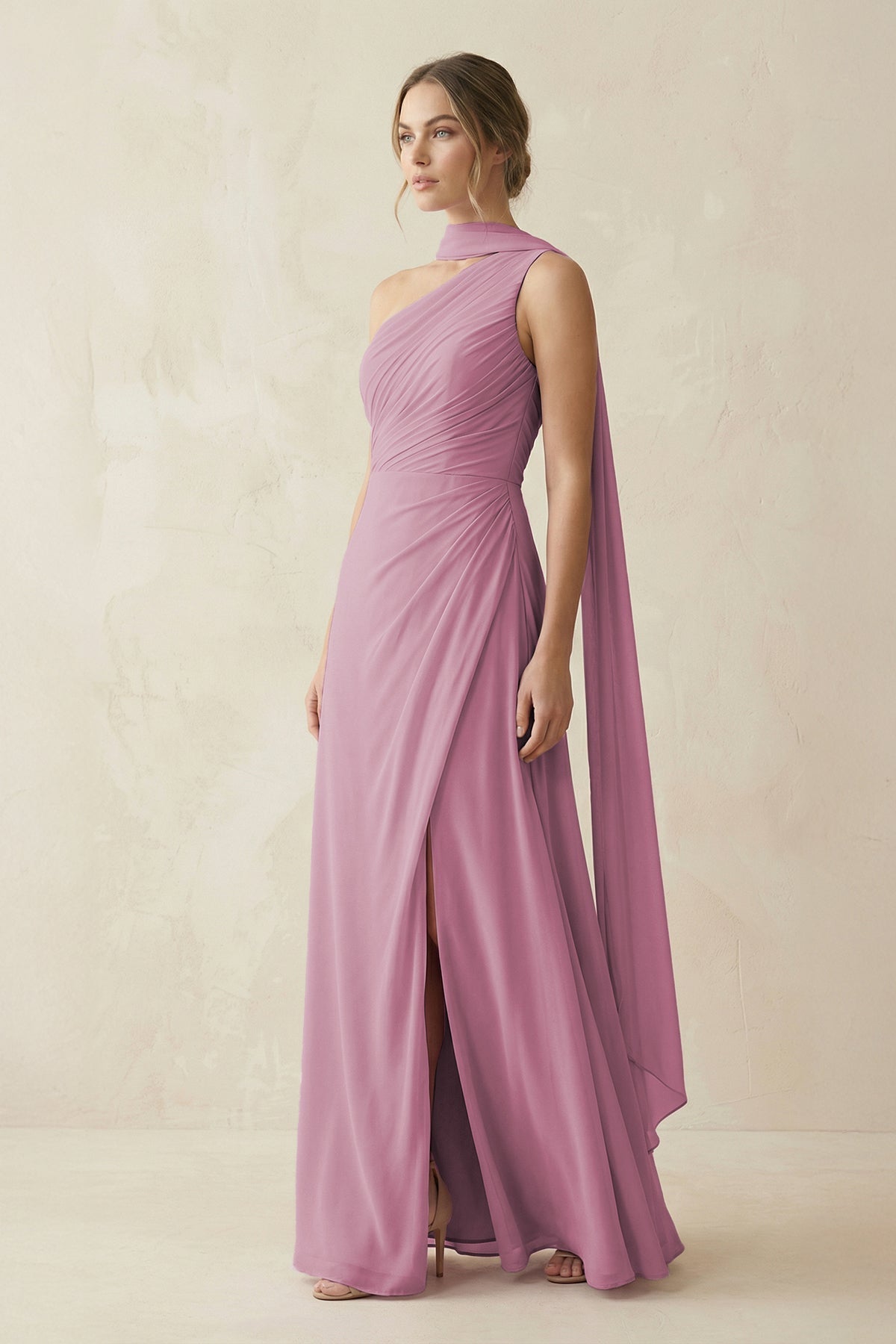 Robe demoiselle d’honneur vintage mauve longue asymétrique sans manches effet drapé - Harana