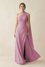 Robe demoiselle d’honneur vintage mauve longue asymétrique sans manches effet drapé - Harana
