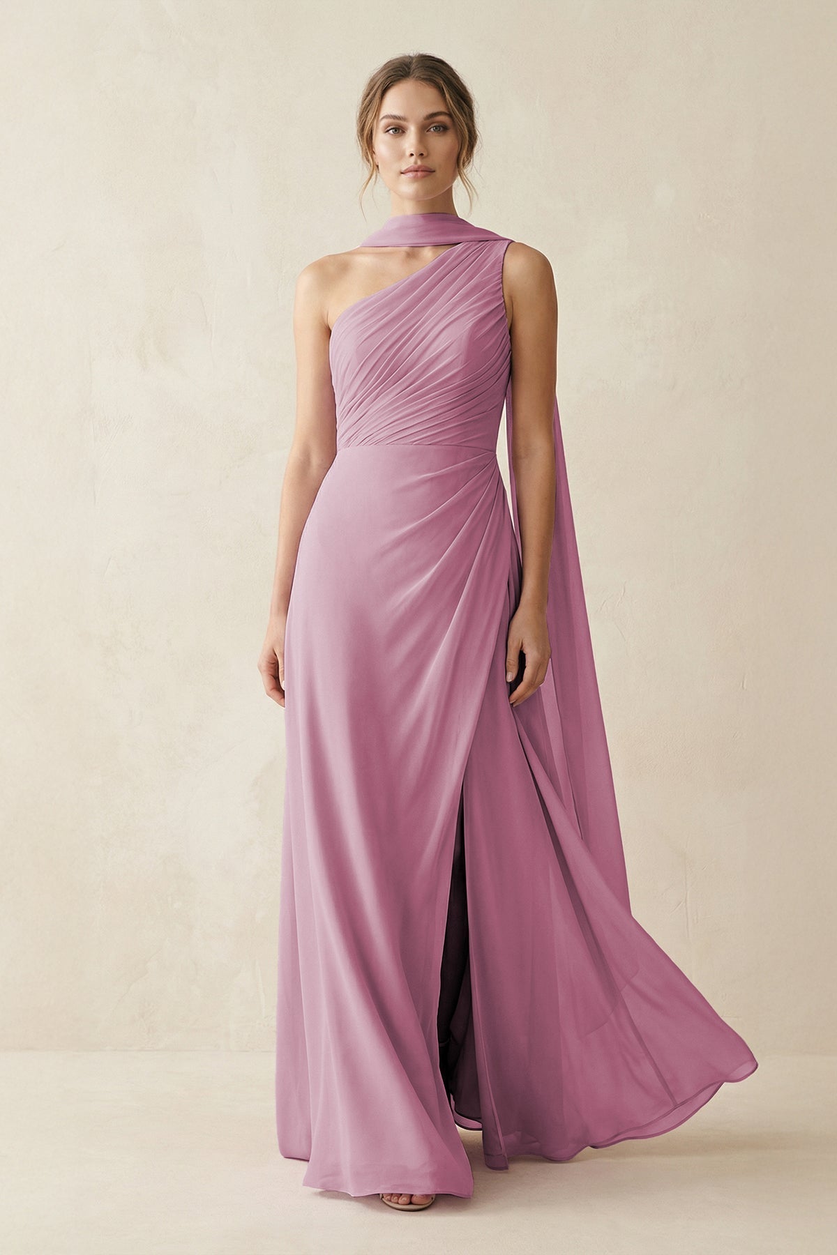Robe demoiselle d’honneur vintage mauve longue asymétrique sans manches effet drapé - Harana