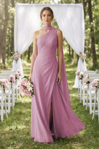 Robe demoiselle d’honneur vintage mauve longue asymétrique sans manches effet drapé - Harana