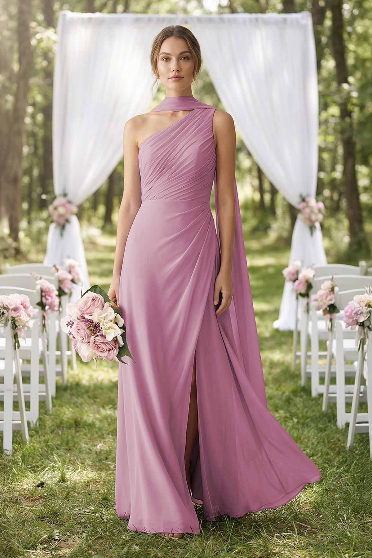 Robe demoiselle d’honneur vintage mauve longue asymétrique sans manches effet drapé - Harana