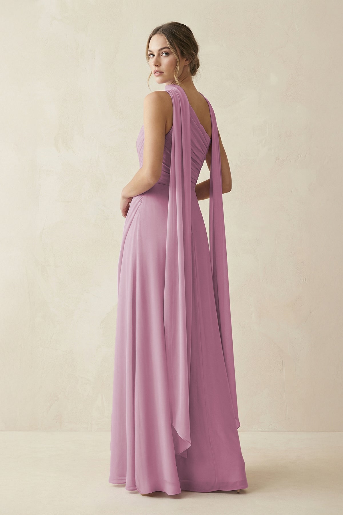 Robe demoiselle d’honneur vintage mauve longue asymétrique sans manches effet drapé - Harana