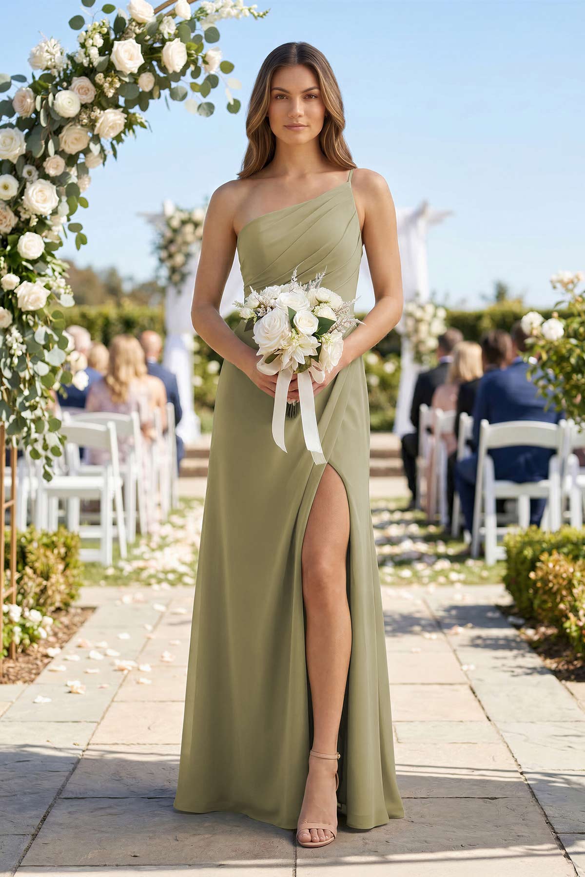 Robe demoiselle d’honneur vert sauge longue asymétrique sans manches avec fente - Harana