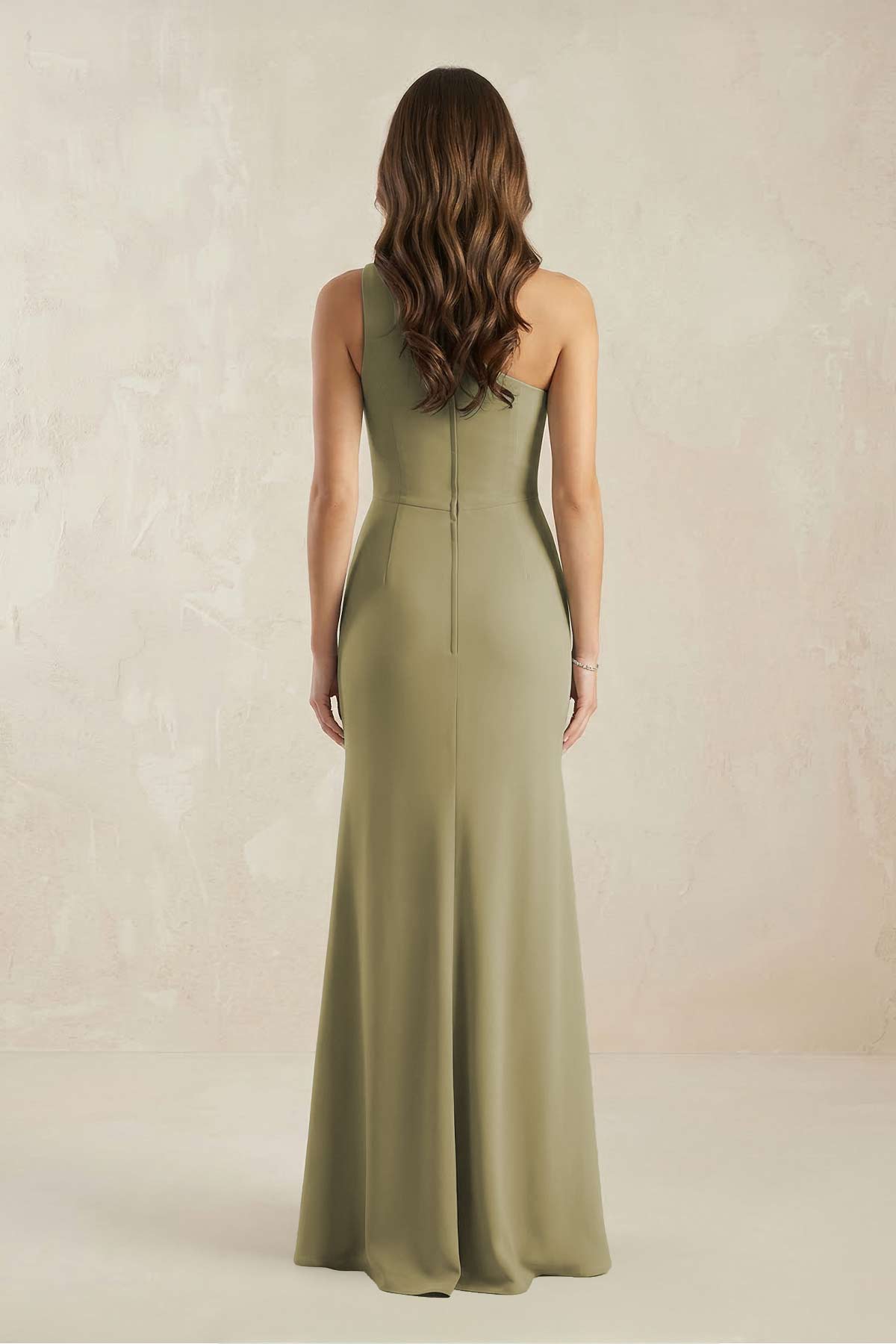 Robe demoiselle d’honneur vert sauge longue asymétrique sans manches avec fente - Harana