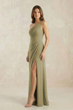 Robe demoiselle d’honneur vert sauge longue asymétrique sans manches avec fente - Harana