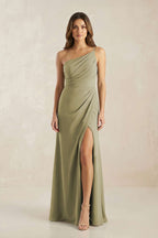 Robe demoiselle d’honneur vert sauge longue asymétrique sans manches avec fente - Harana