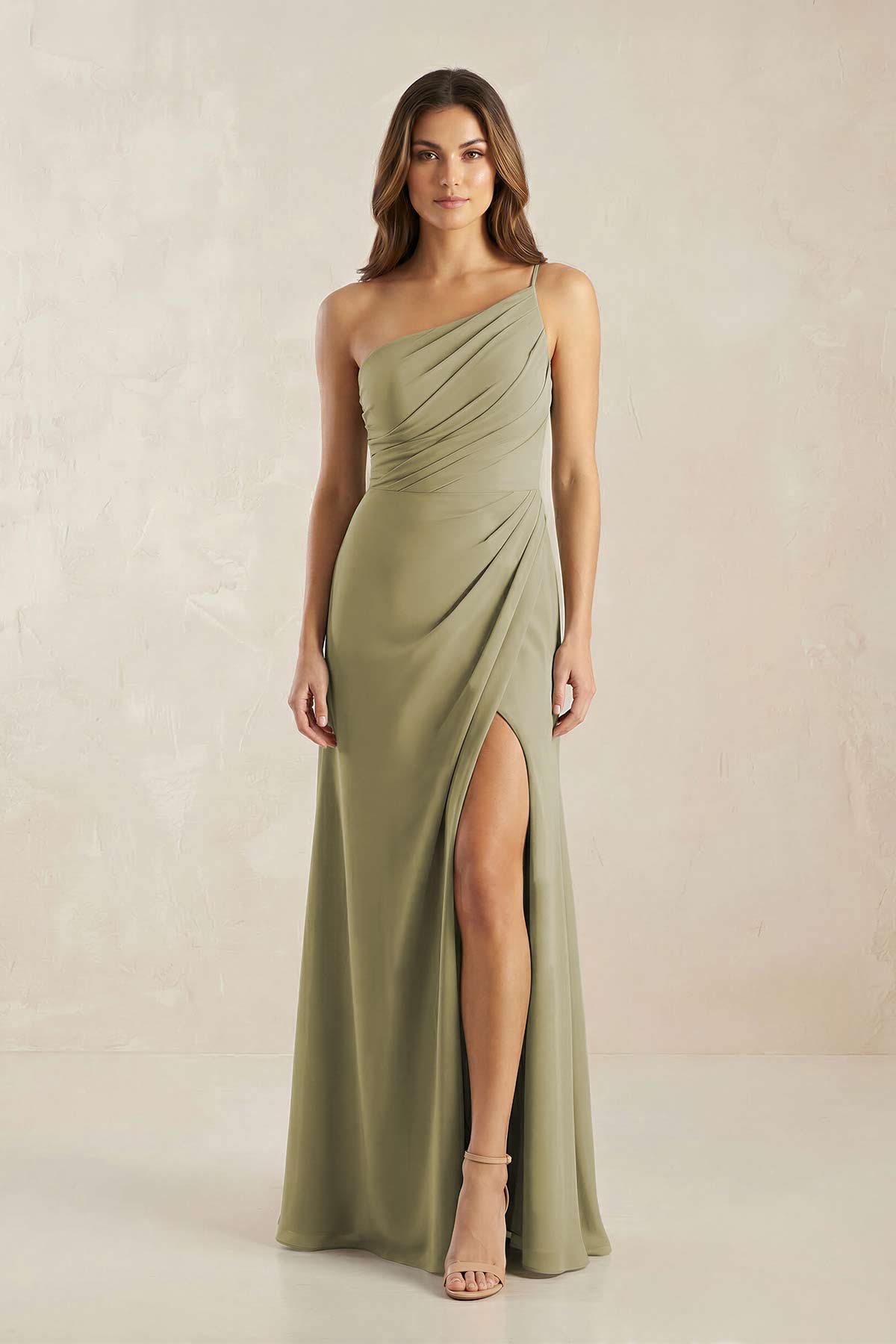 Robe demoiselle d’honneur vert sauge longue asymétrique sans manches avec fente - Harana