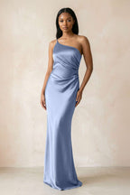 Robe demoiselle d’honneur gris brume longue asymétrique sans manches froncée - Harana