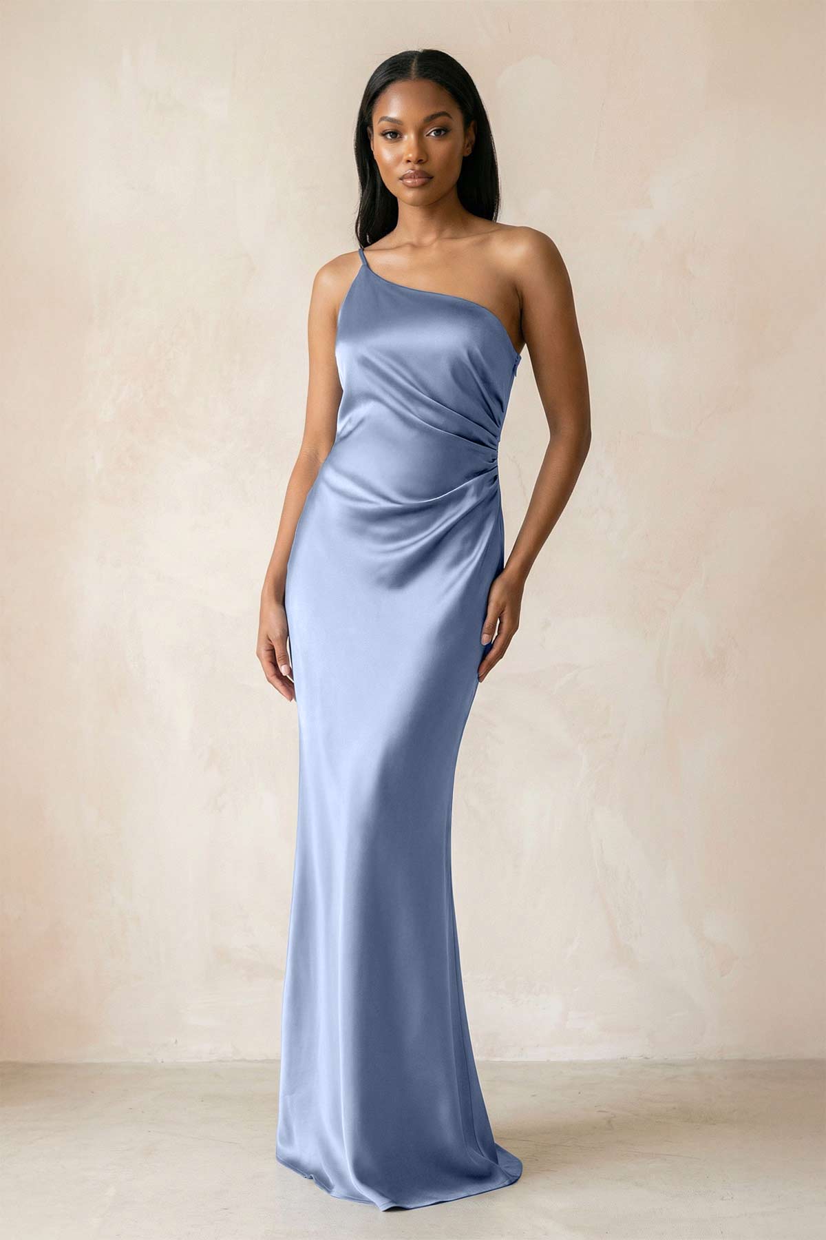 Robe demoiselle d’honneur gris brume longue asymétrique sans manches froncée - Harana