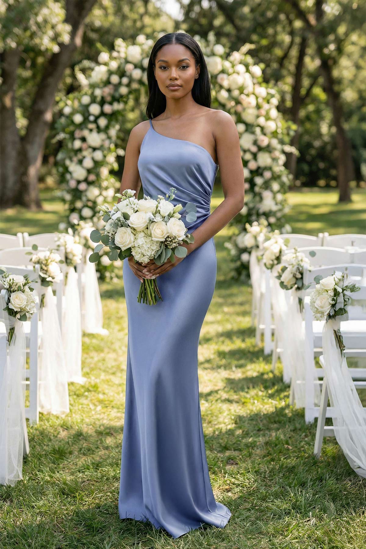 Robe demoiselle d’honneur gris brume longue asymétrique sans manches froncée - Harana