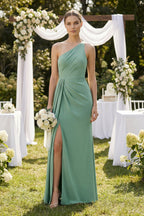 Robe demoiselle d’honneur vert menthe longue asymétrique sans manches avec fente - Harana