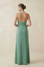 Robe demoiselle d’honneur vert menthe longue asymétrique sans manches avec fente - Harana