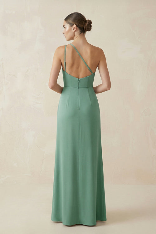 Robe de demoiselle d’honneur vert menthe longue coupe fourreau à une épaule effet drapé avec fente - Harana