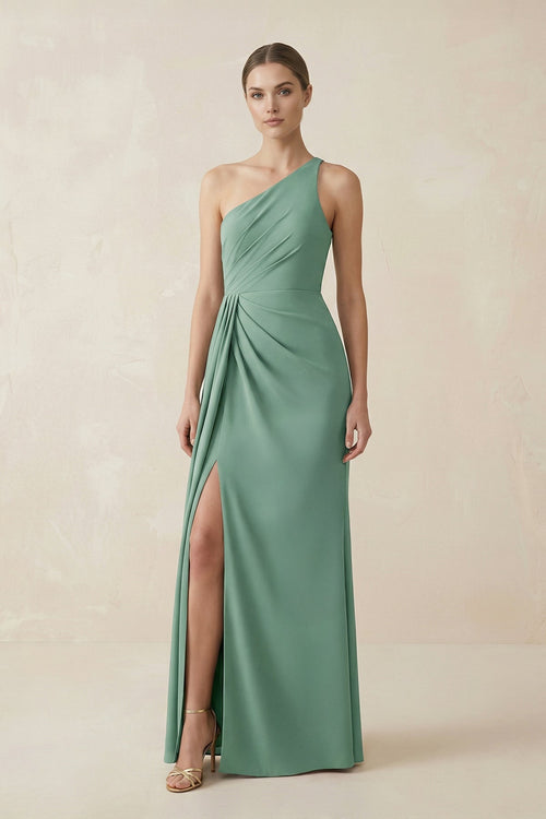 Robe de demoiselle d’honneur vert menthe longue coupe fourreau à une épaule effet drapé avec fente - Harana