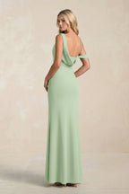 Robe demoiselle d’honneur vert sauge longue asymétrique avec fente froncée - Harana