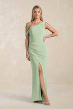 Robe demoiselle d’honneur vert sauge longue asymétrique avec fente froncée - Harana